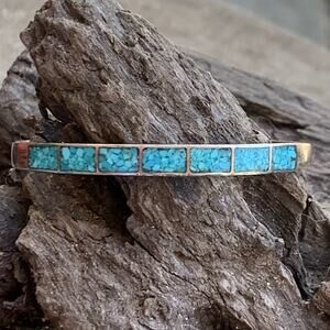 Old Pawn Sterling Silver and Turquoise Inlayed Cuff Bracelet Vintage w/ Patina